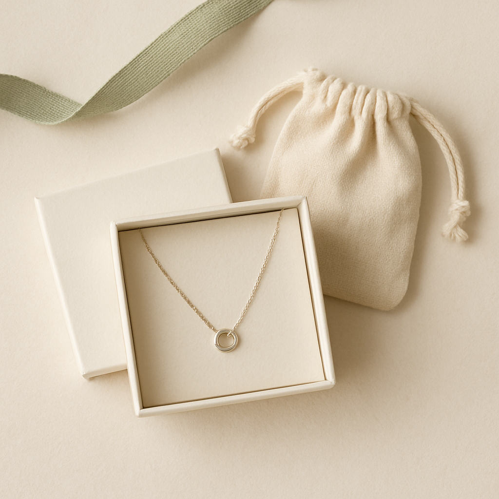 Silver necklace nestled in a gift box with a sage ribbon and cotton pouch