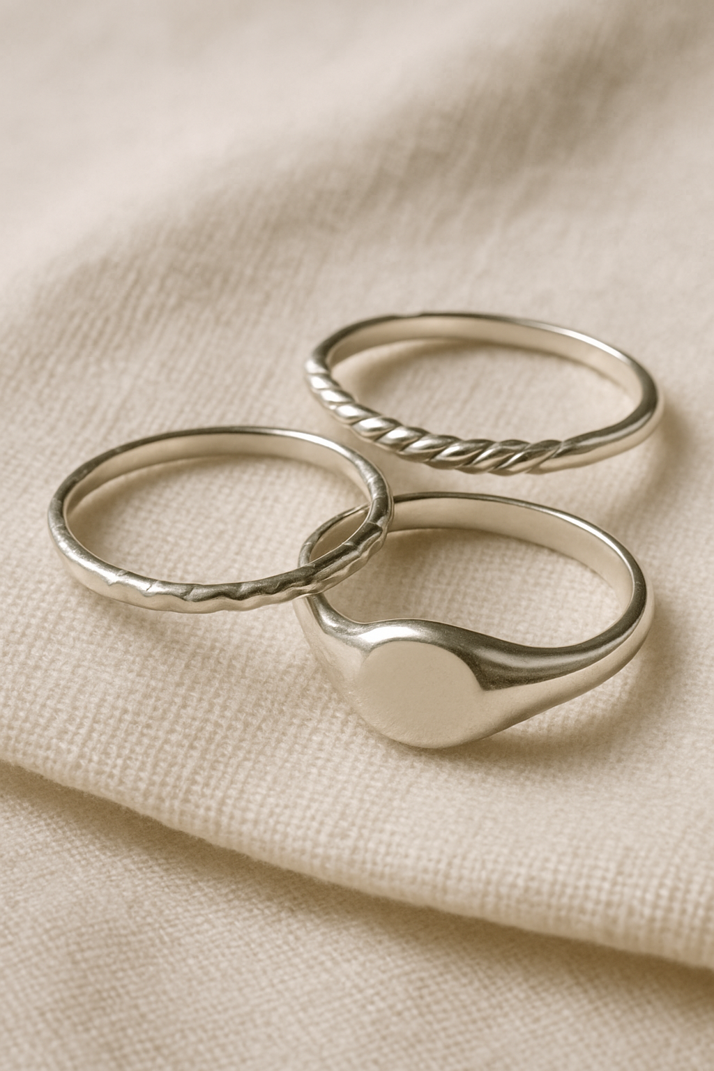 Delicate hammered silver rings arranged on warm ivory linen