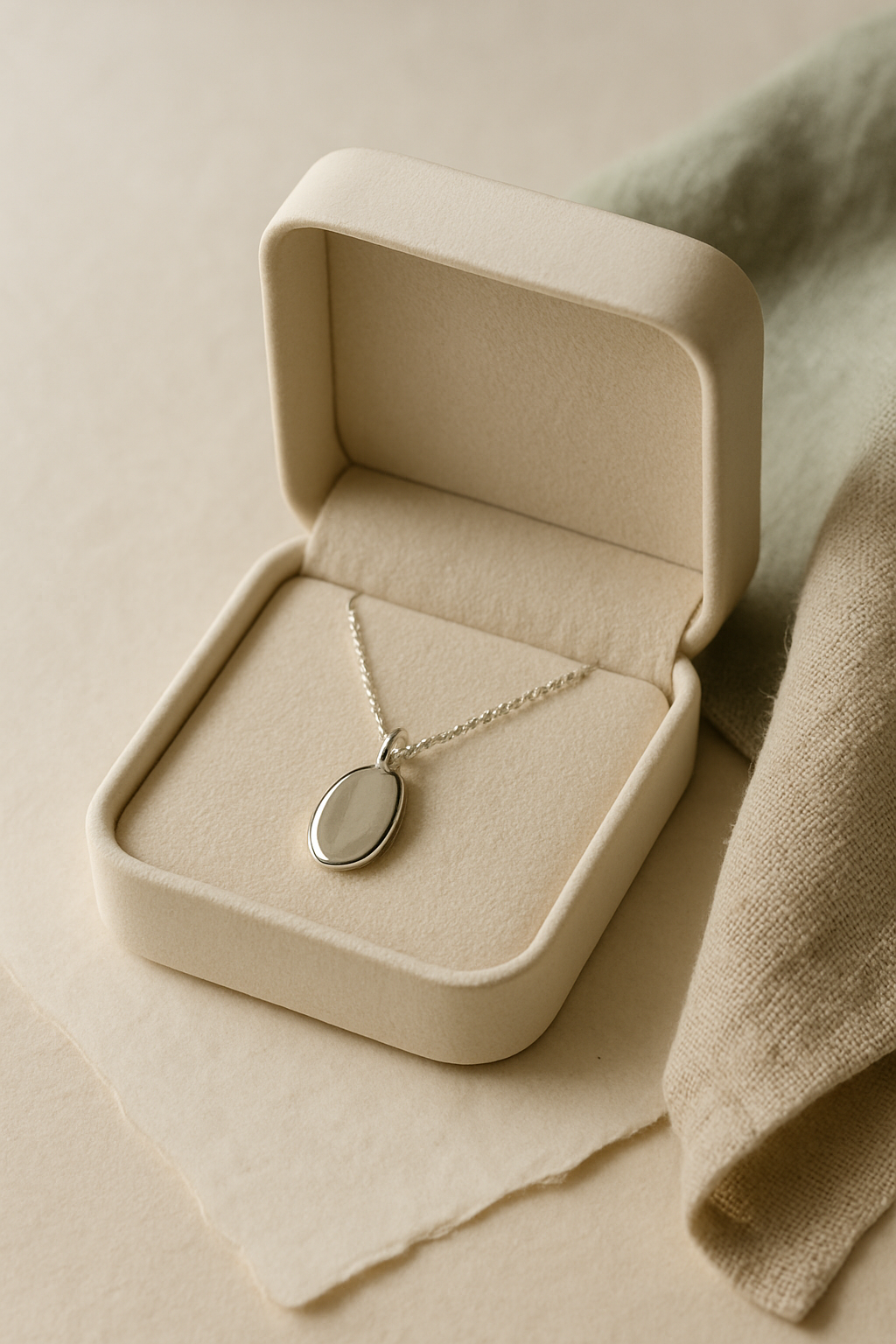 Open ivory jewelry box with a silver pendant nestled inside