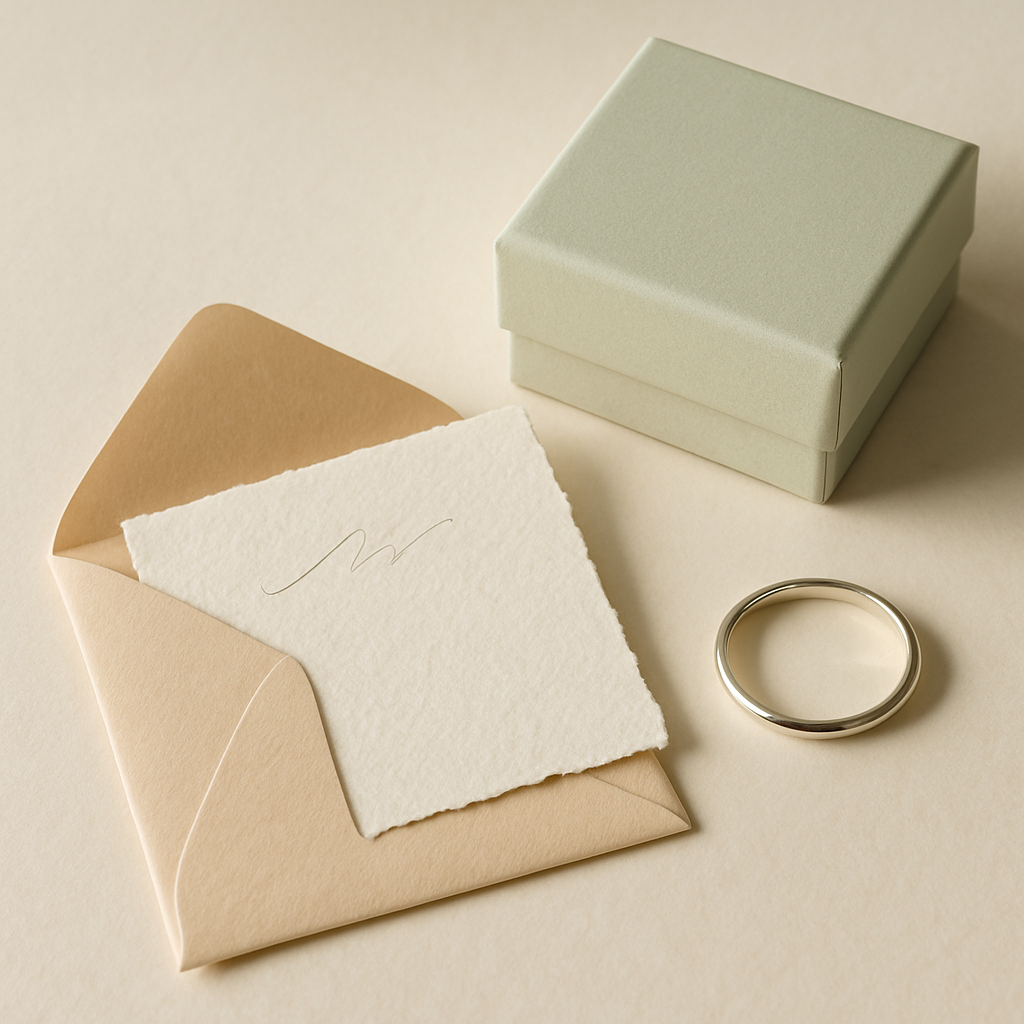 Small textured gift card and envelope beside a silver ring and closed jewelry box