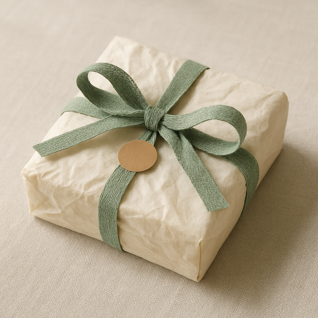 Cream tissue-wrapped jewelry parcel tied with sage cotton ribbon