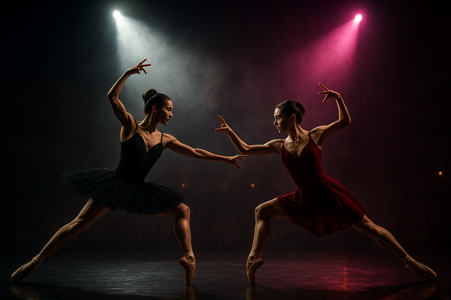 Two elite ballerina rivals in a dramatic mid-performance clash under intense stage spotlights with theatrical haze and arena audience glow