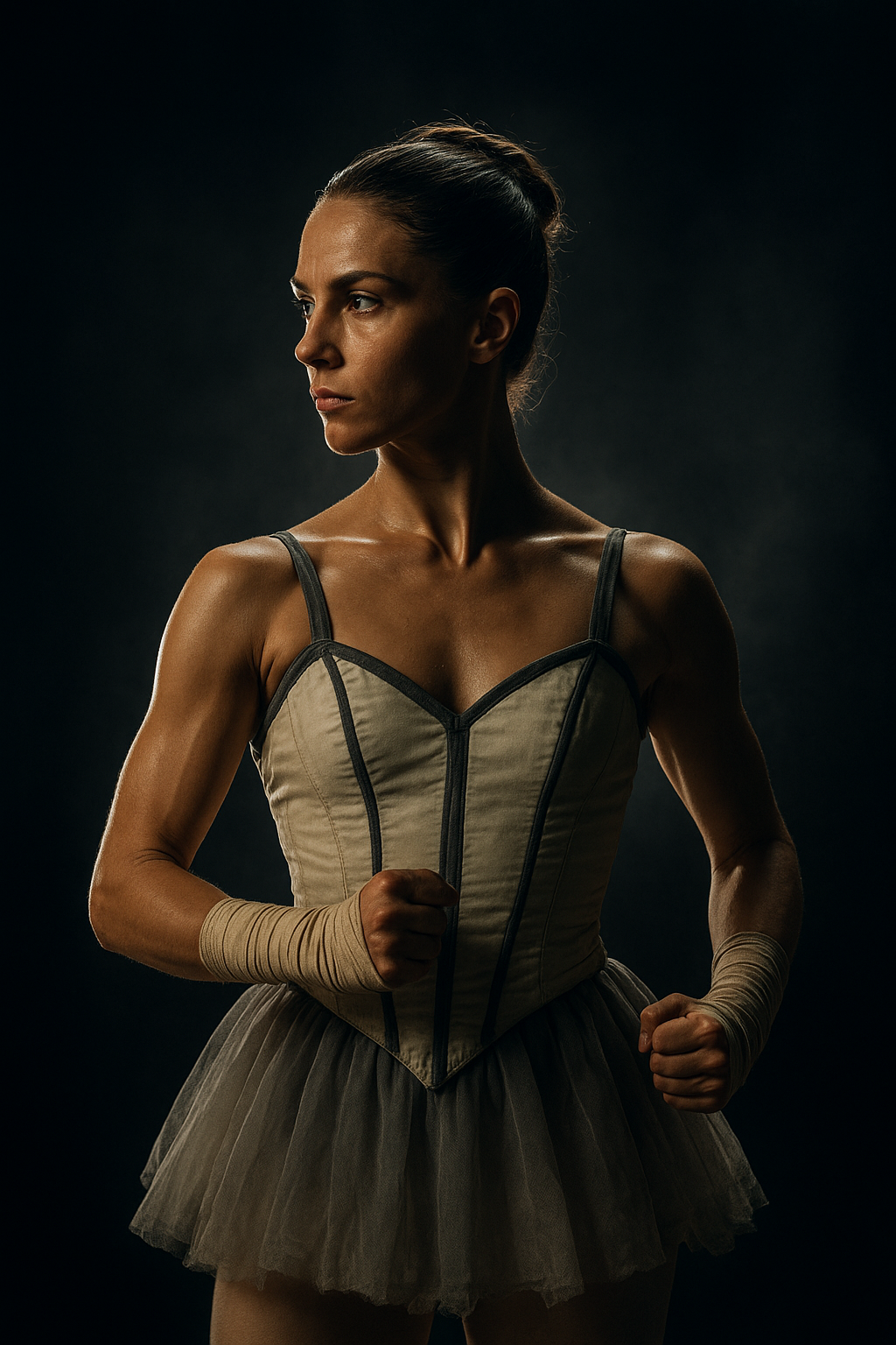 Celeste Rynn, compact athletic ballerina fighter in ivory and graphite costume with dramatic rim light and smoky stage backdrop