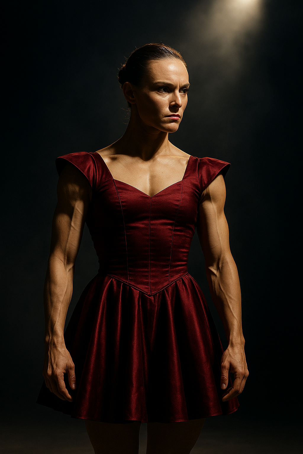 Ivana Krieg, muscular ballerina performer in a crimson satin combat dress with intense expression and side lighting