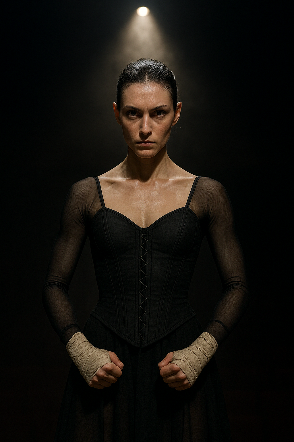 Seraphine Vale, athletic ballerina fighter in a black stage corset and mesh sleeves under a sharp spotlight