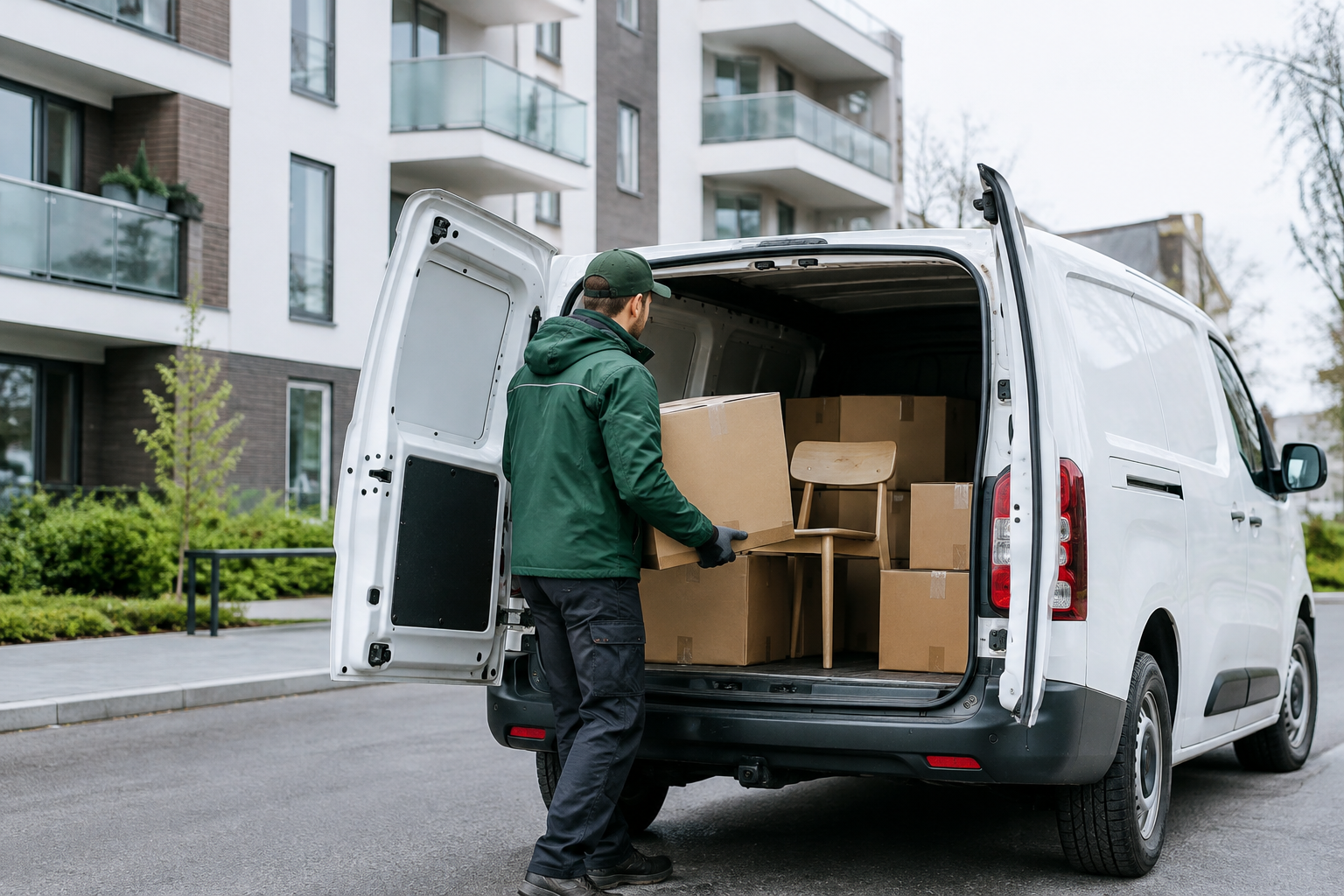 A delivery worker loading labeled moving boxes and a small chair into a compact cargo van outside a Finnish apartment building