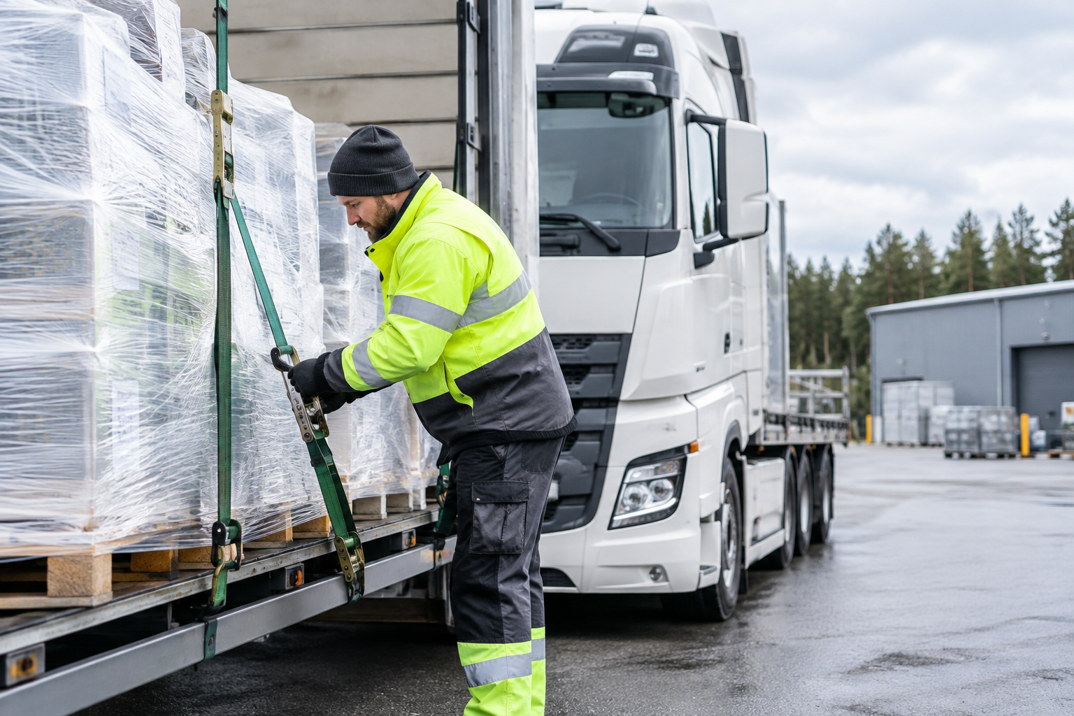 Professional freight worker securing palletized industrial cargo beside a modern heavy truck at a Finnish logistics yard