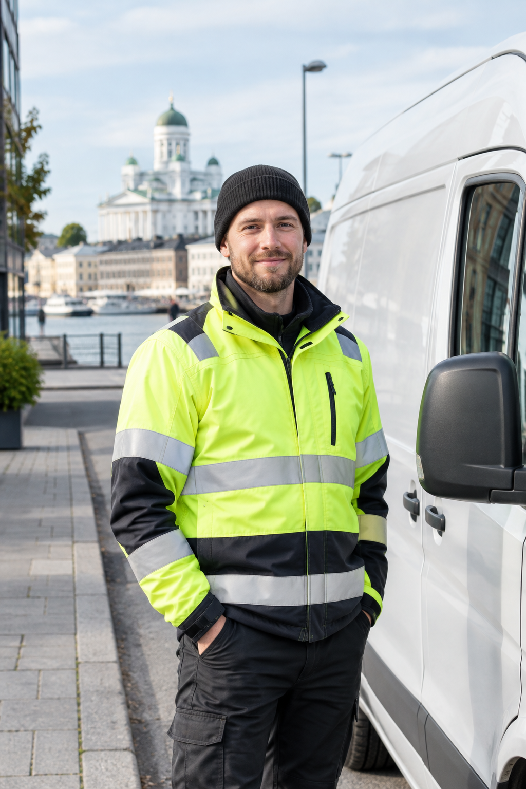 Professional Finnish transport partner in a reflective jacket standing beside a clean white delivery van on a city street