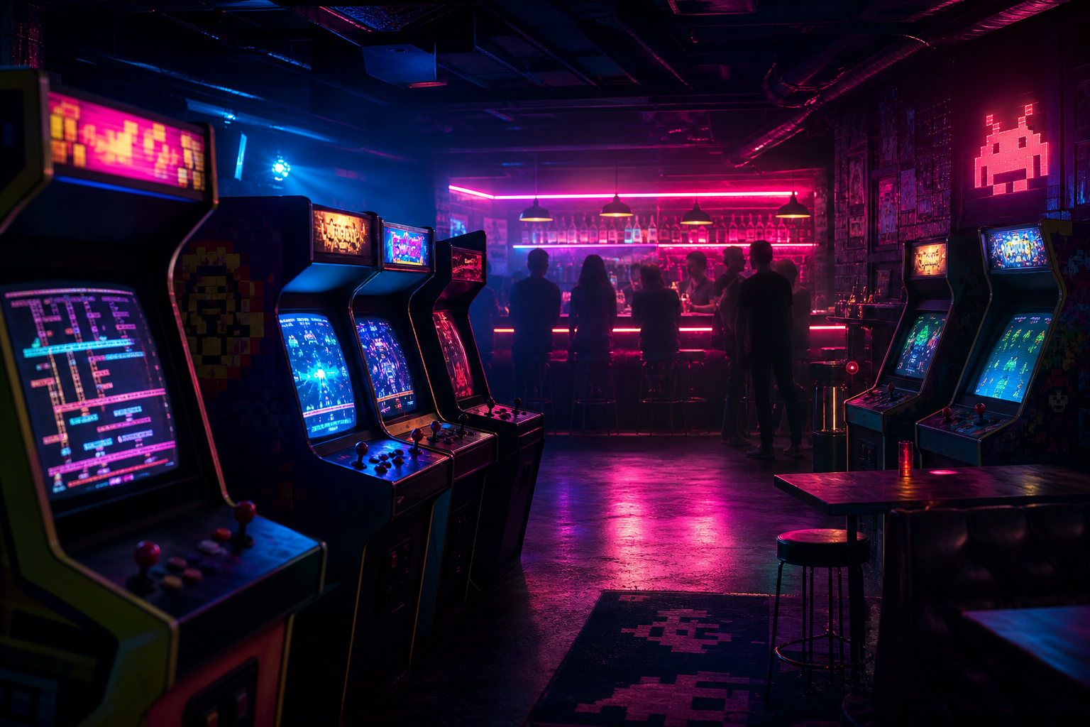 Stylized retro arcade bar interior with glowing game cabinets, moody bar silhouettes, and neon screen lighting