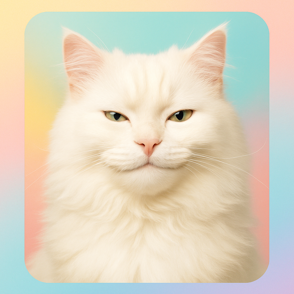Fluffy white cat smirking with an arched eyebrow