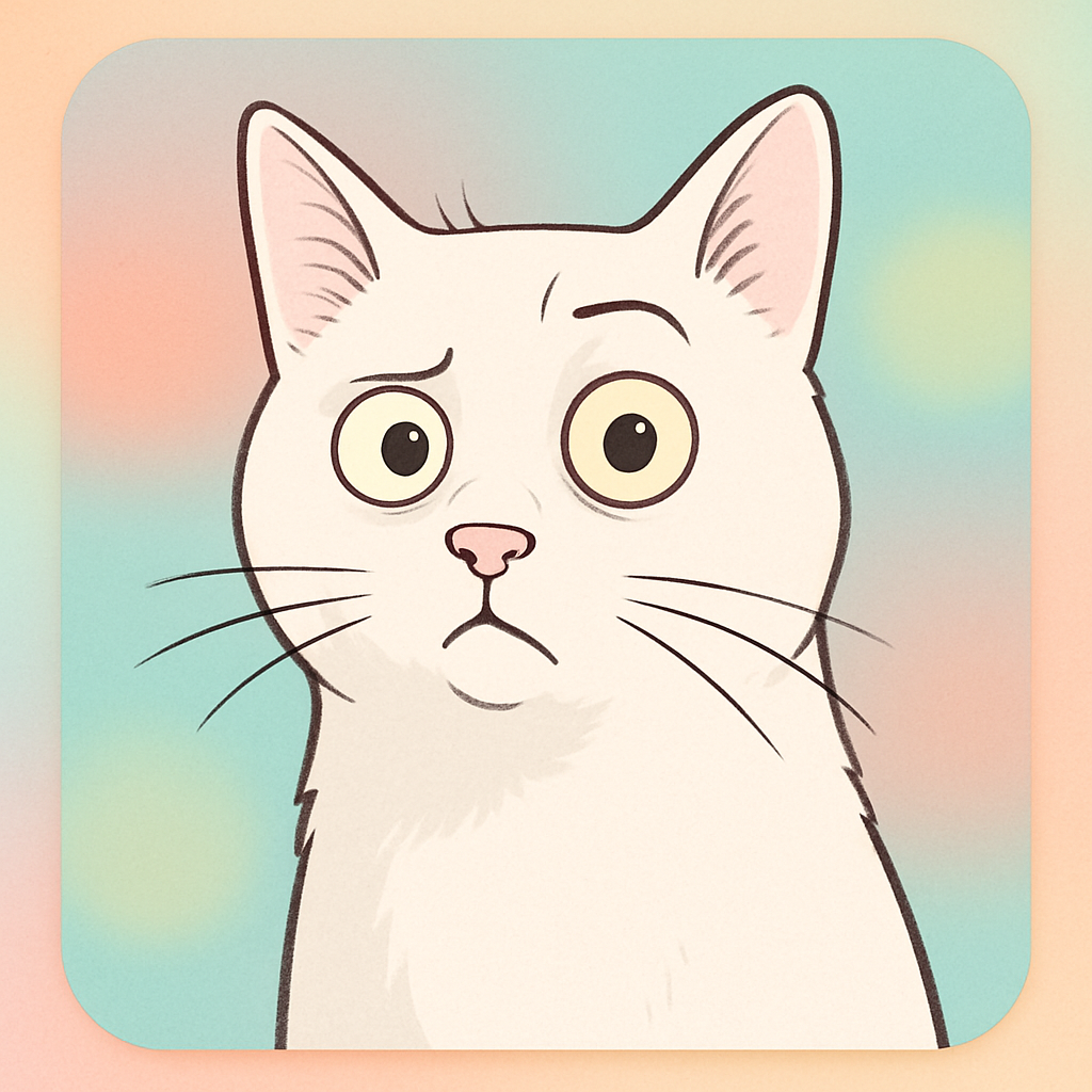White cat with wide, curious eyes and a raised eyebrow, looking puzzled
