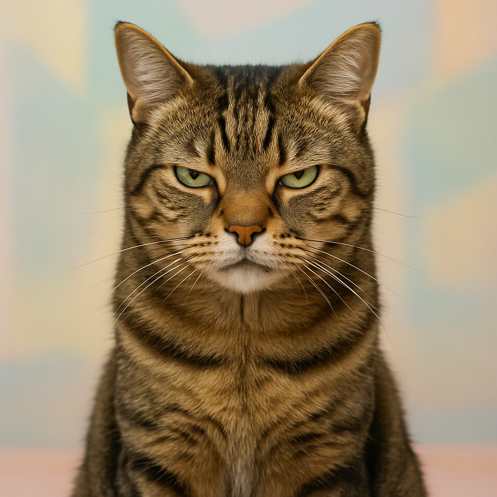 Tabby cat with narrowed eyes gazing judgmentally