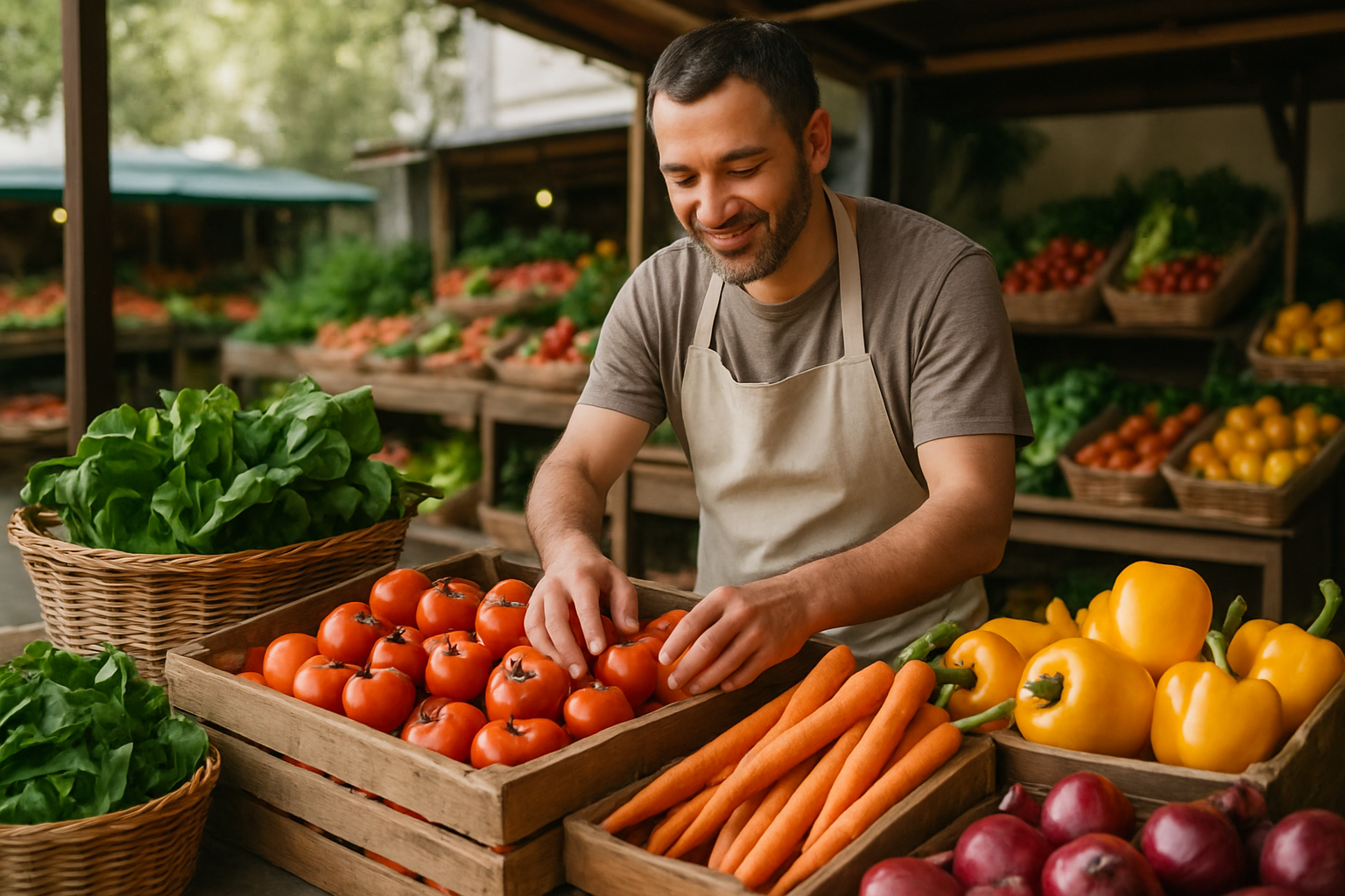 Smiling produce vendor arranging baskets of fresh fruits and vegetables in a busy local market stall