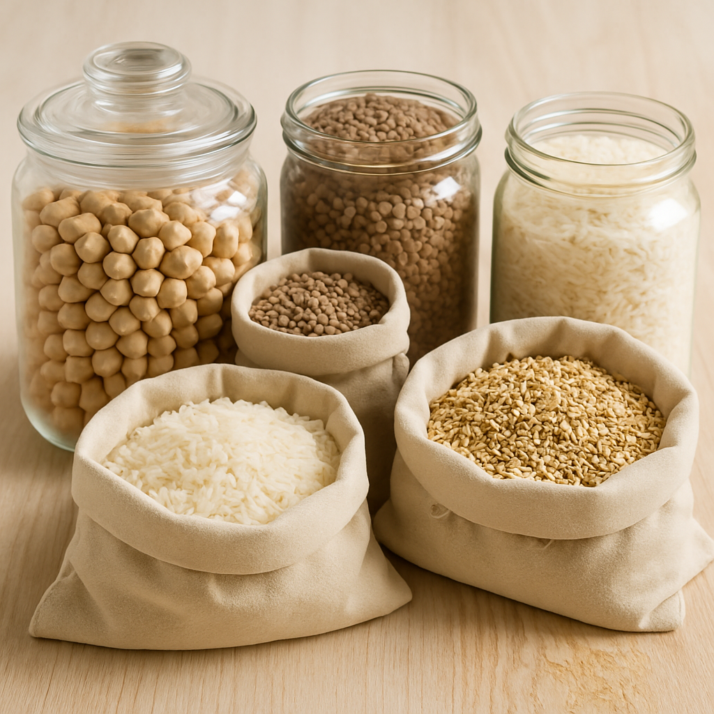 Neatly arranged dried goods in clear jars and sacks, including beans, grains, and spices