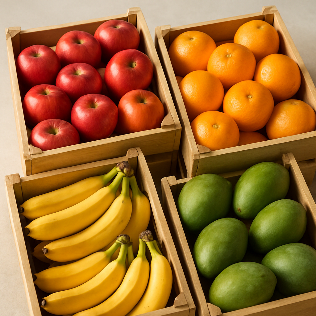 Crates of ripe mixed fruits including apples, oranges, mangoes, and bananas in natural daylight