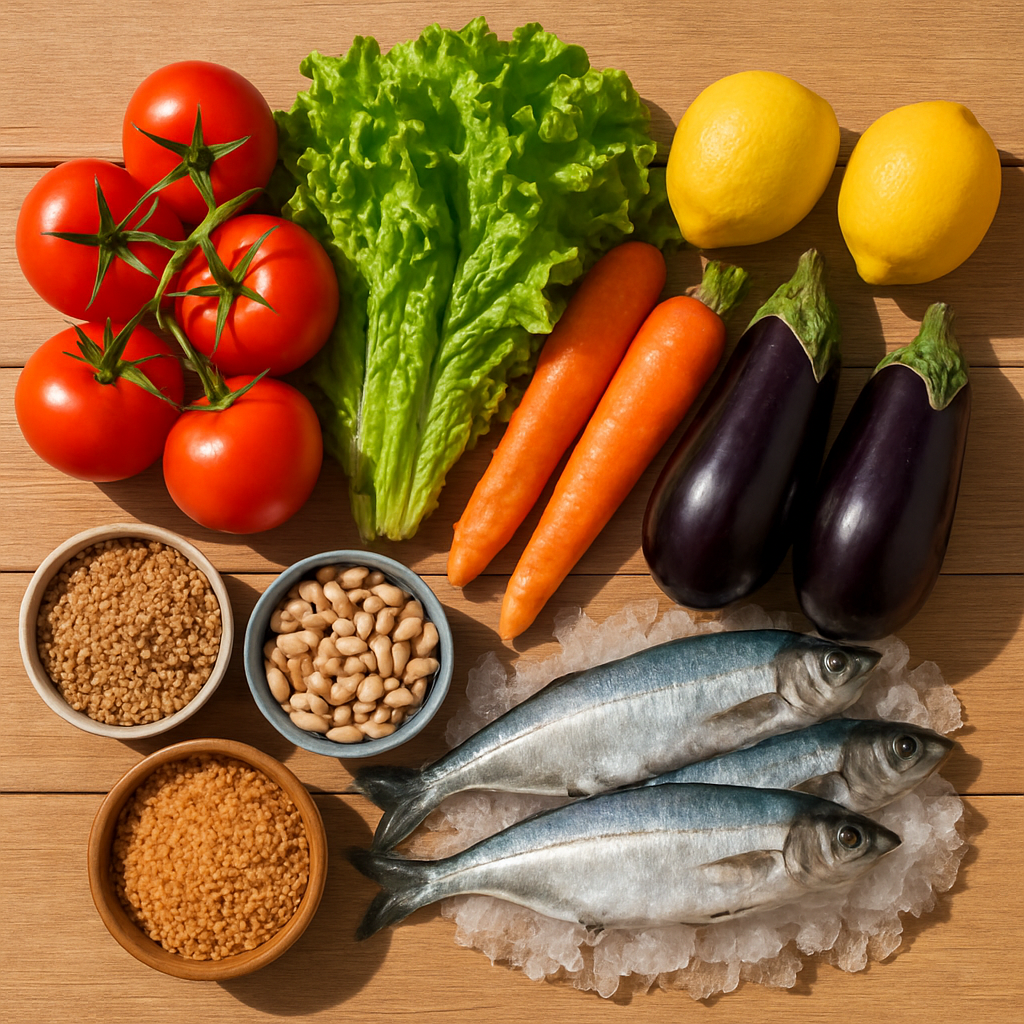 Freshly harvested assortment of colorful fruits, leafy vegetables, dried goods in bowls, and seafood on a clean market table