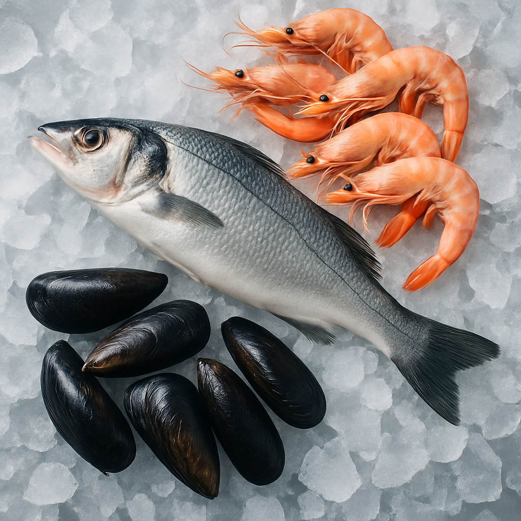 Fresh seafood on crushed ice featuring whole fish, shrimp, and shellfish