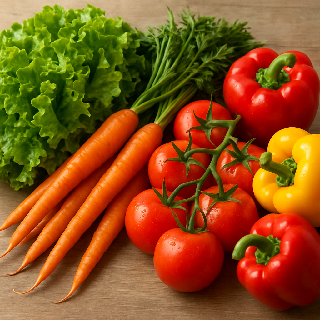 Assorted green and colorful farm vegetables including lettuce, carrots, tomatoes, and peppers