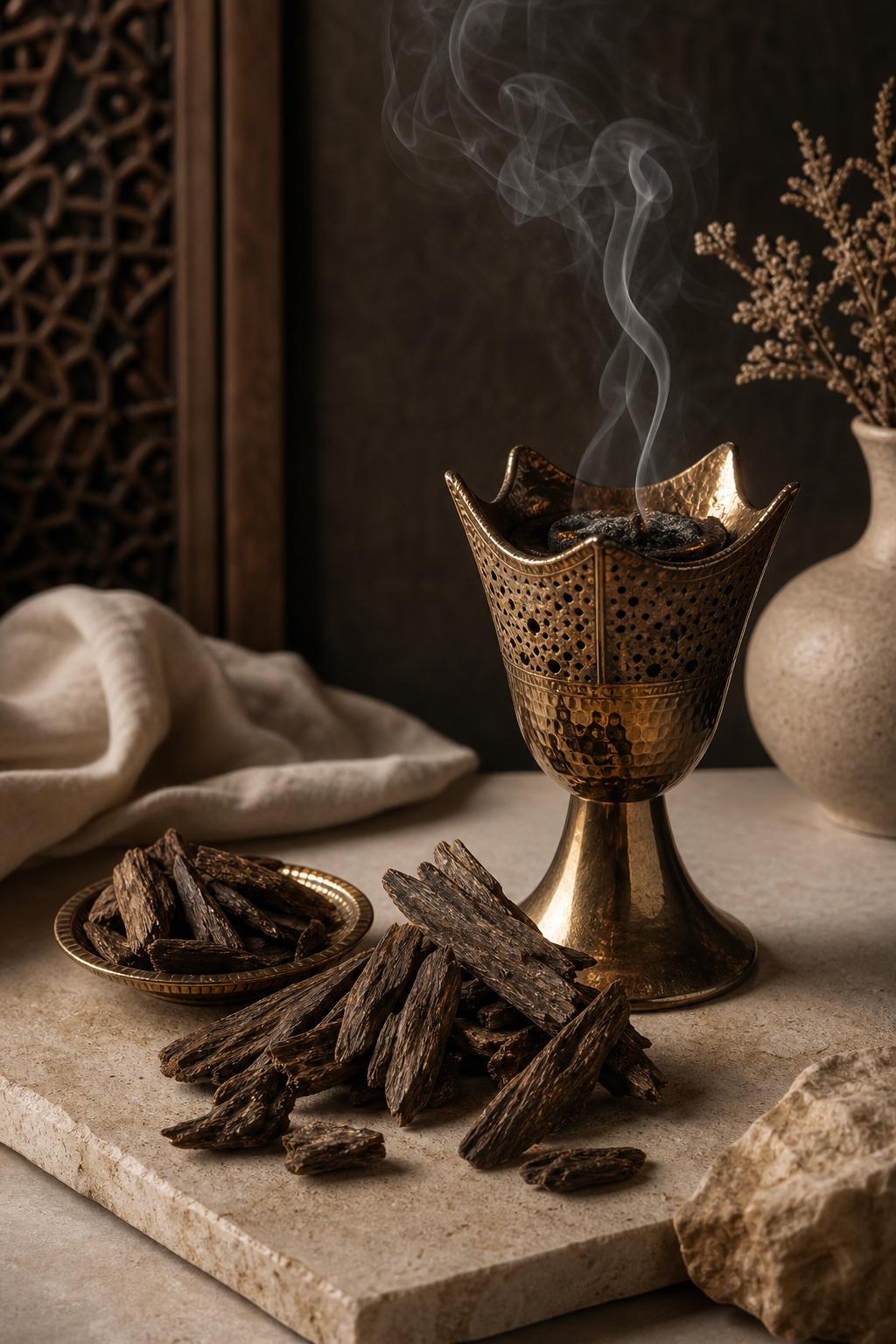Warm luxury still life of perfumed oud chips with an elegant mabkhara on refined neutral surfaces