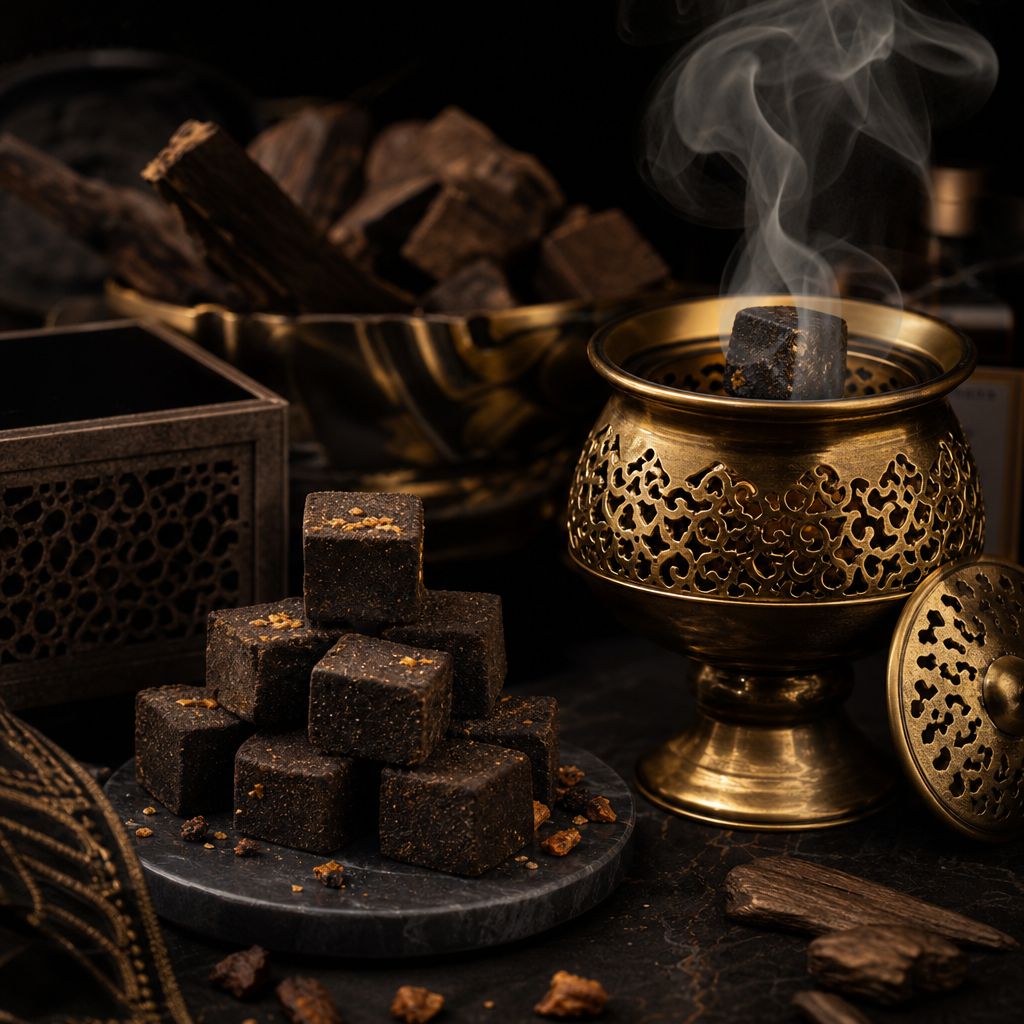 Premium bakhoor cubes beside a brass incense burner with soft aromatic smoke