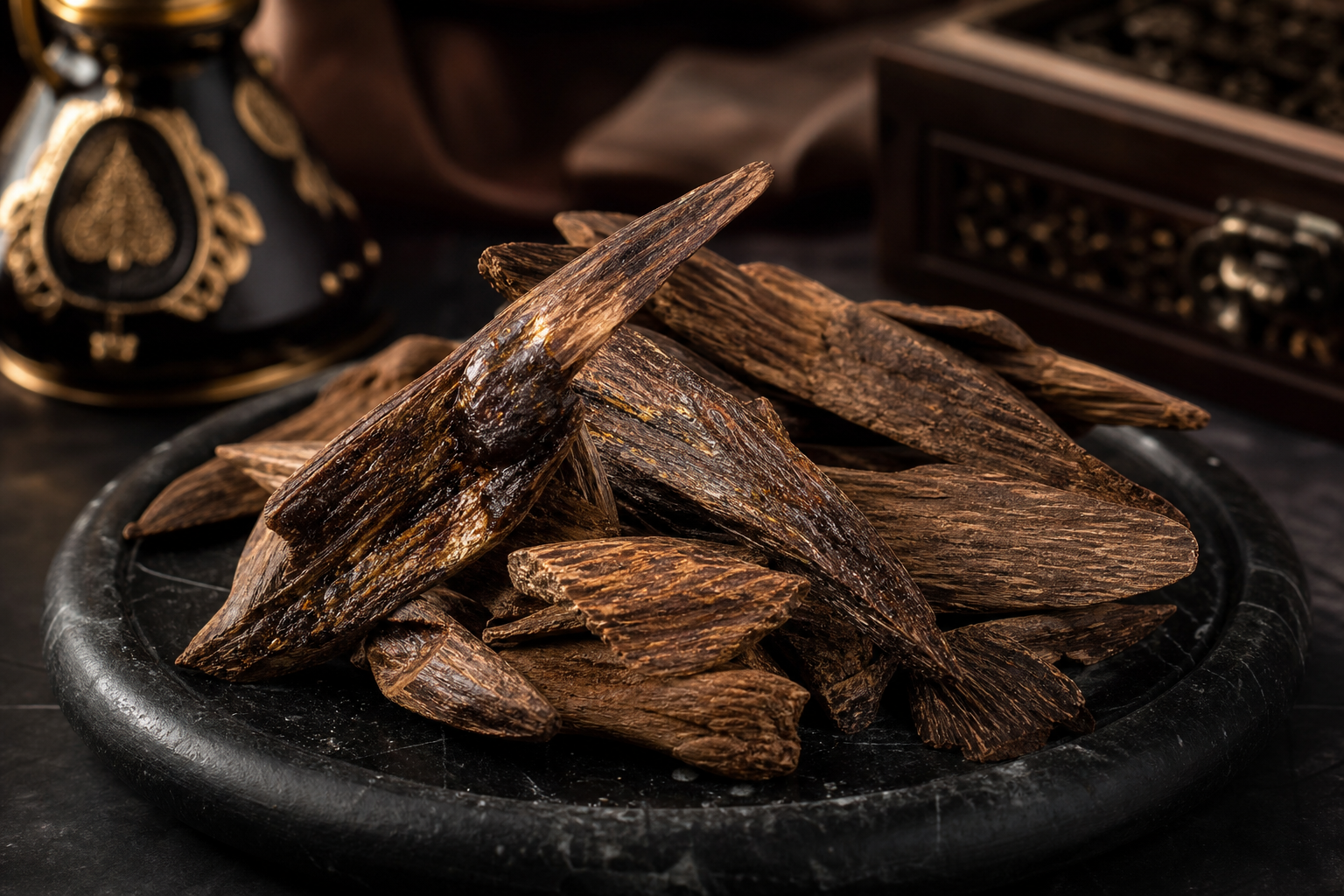 Polished Cambodian oud pieces arranged on a dark stone tray with rich wood grain detail
