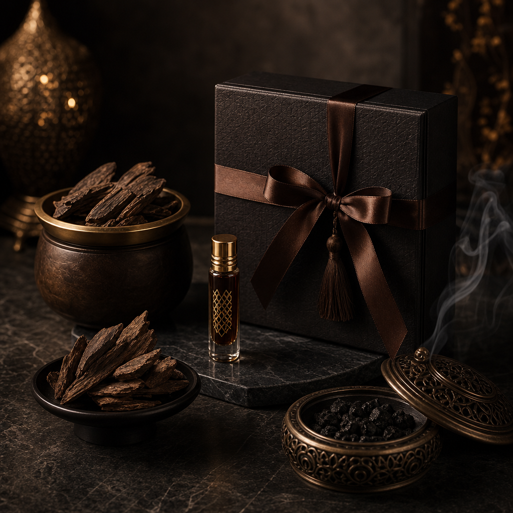 Luxury oud gift set with ribboned box, perfume vial, and textured fragrance accessories