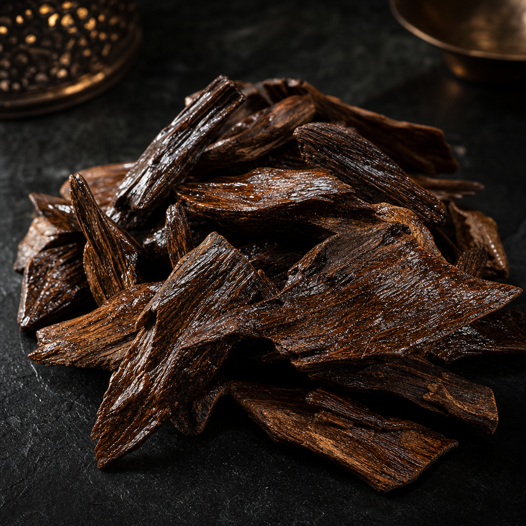 Pure oil-soaked oud wood chips showing glossy resin and detailed natural texture