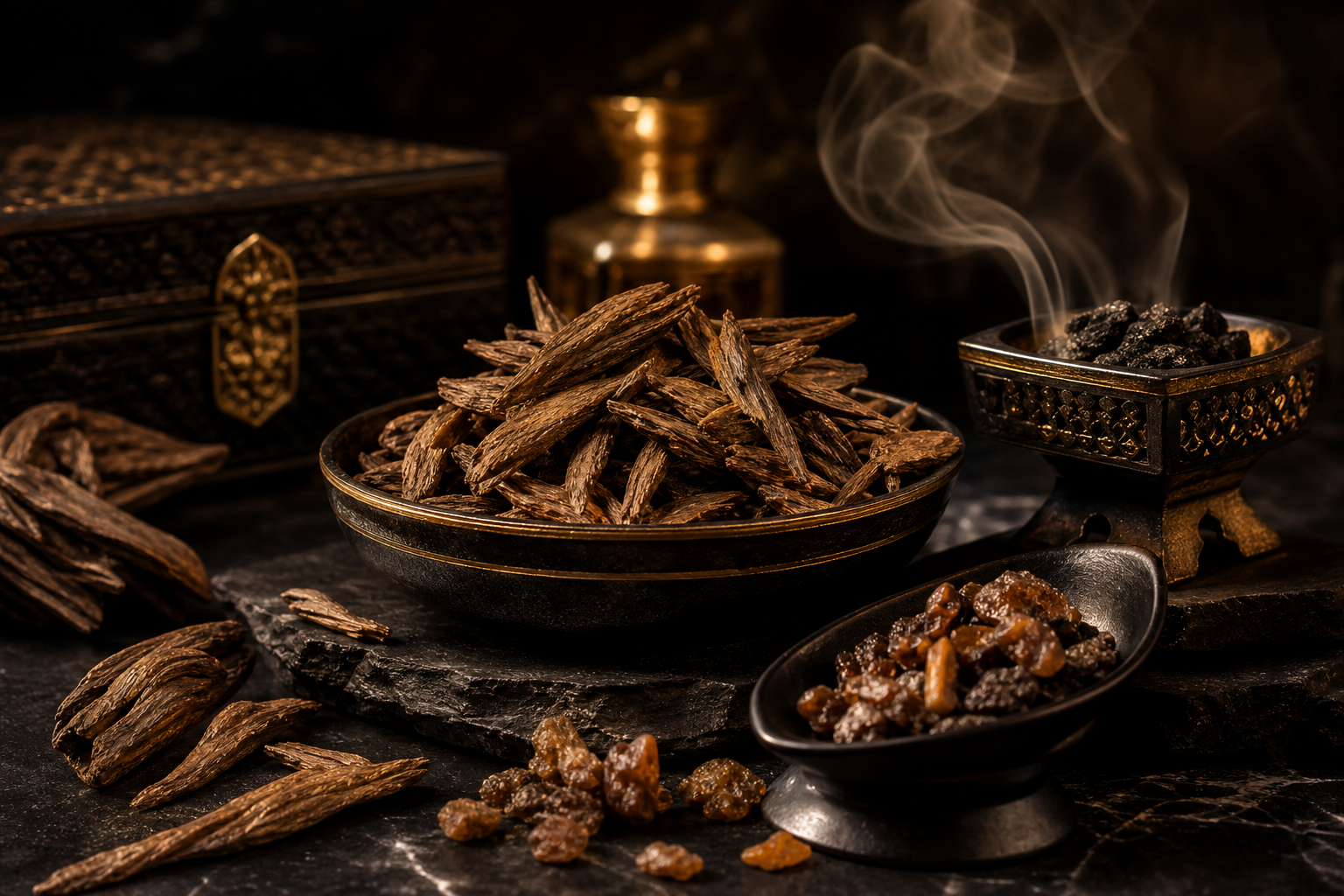 Moody luxury still life of premium oud wood and bakhoor arranged on dark stone with warm controlled highlights