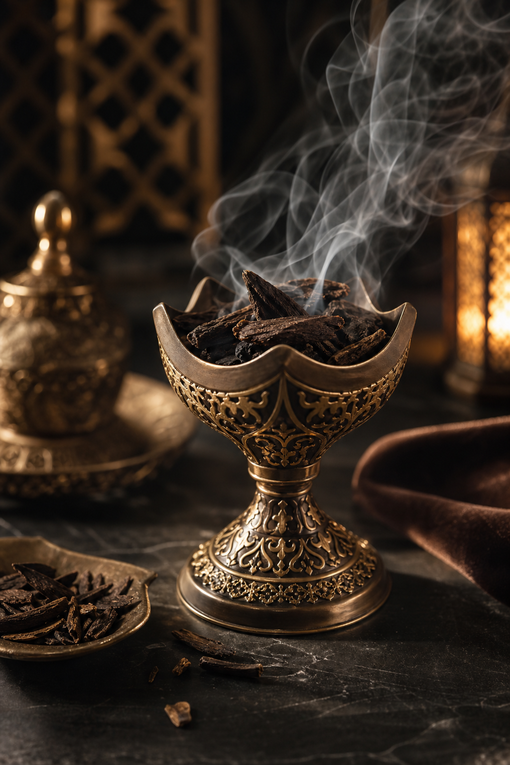 Elegant mabkhara with perfumed oud chips releasing soft smoke in a warm premium setting