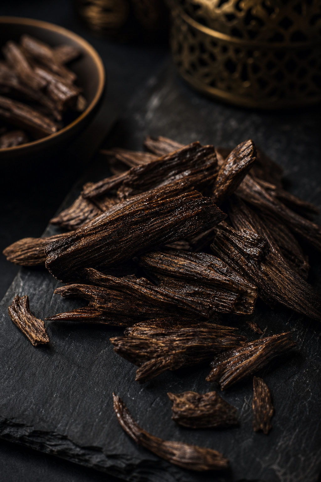 Moody close-up of dark Cambodian oud wood chips with visible resin texture arranged on a matte charcoal stone surface