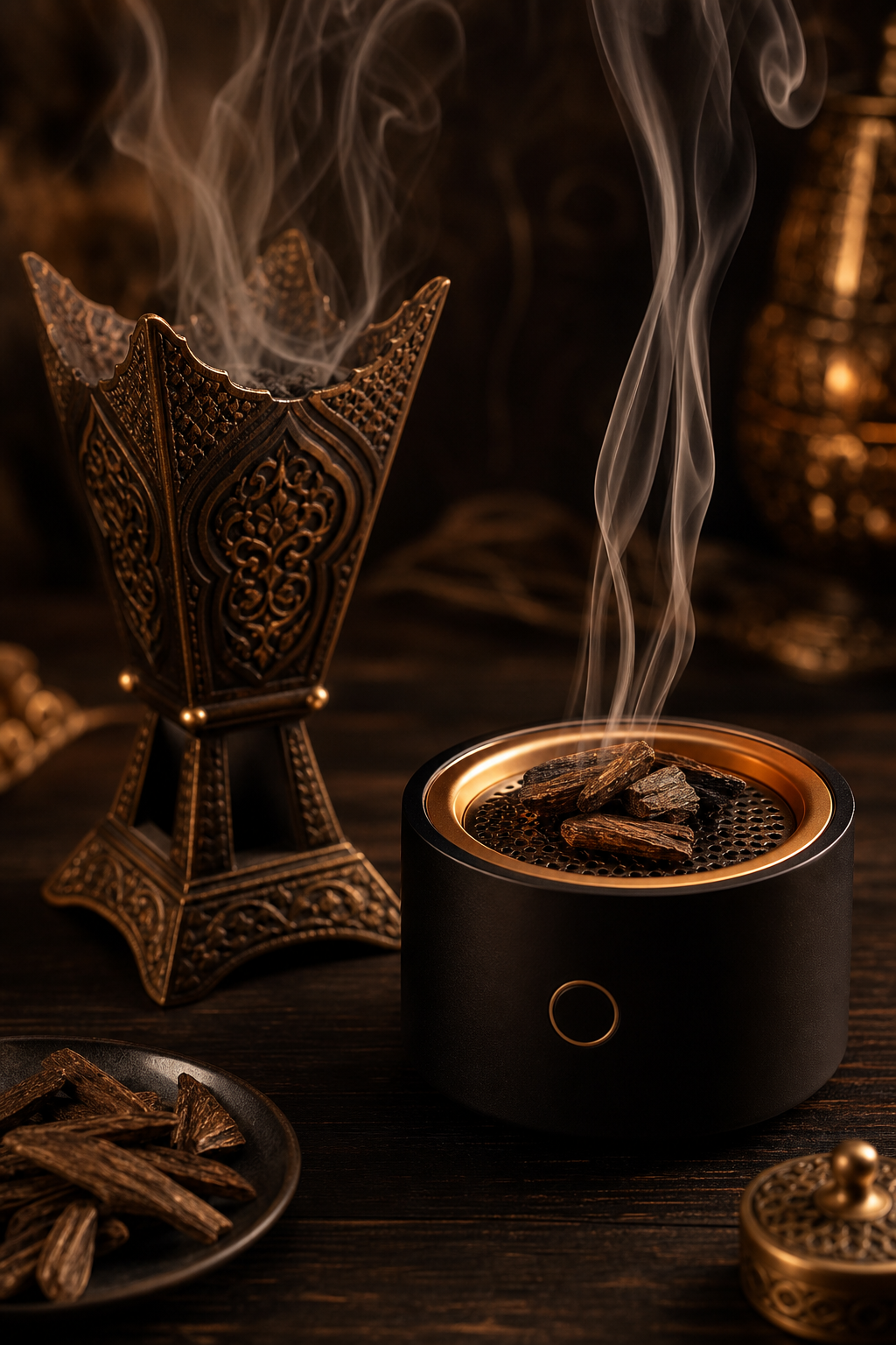 Premium incense burner setup with perfumed oud chips, gentle smoke, and refined tabletop styling