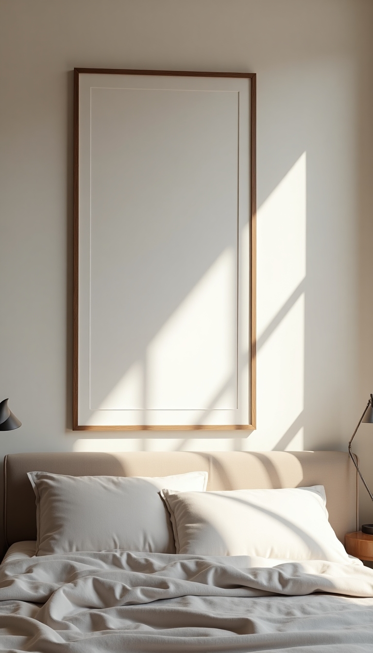 Calm bedroom wall with a vertical monochrome poster in a slim premium frame