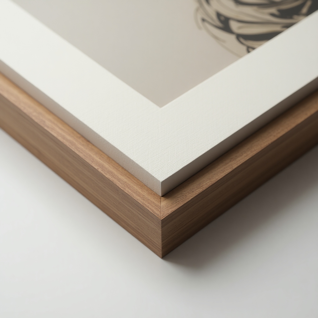 Close-up of premium frame corner and textured archival art paper