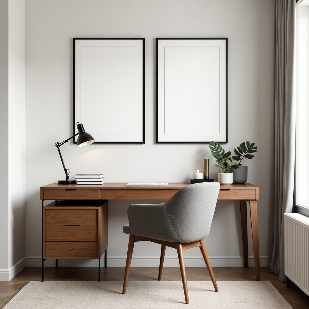 Home office desk corner styled with a pair of minimalist framed prints