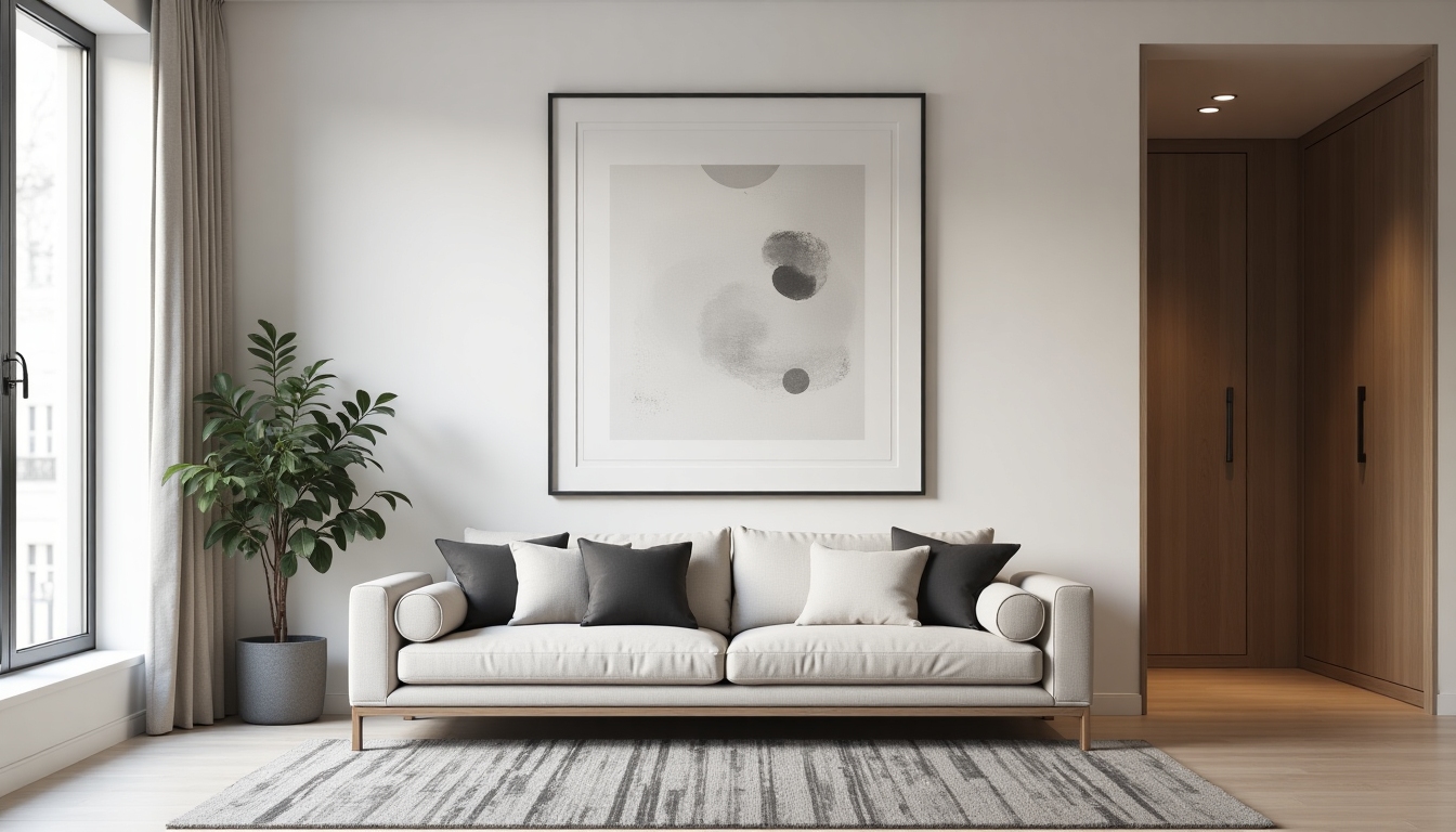 Sunlit modern living room featuring a large minimalist framed print above a neutral sofa