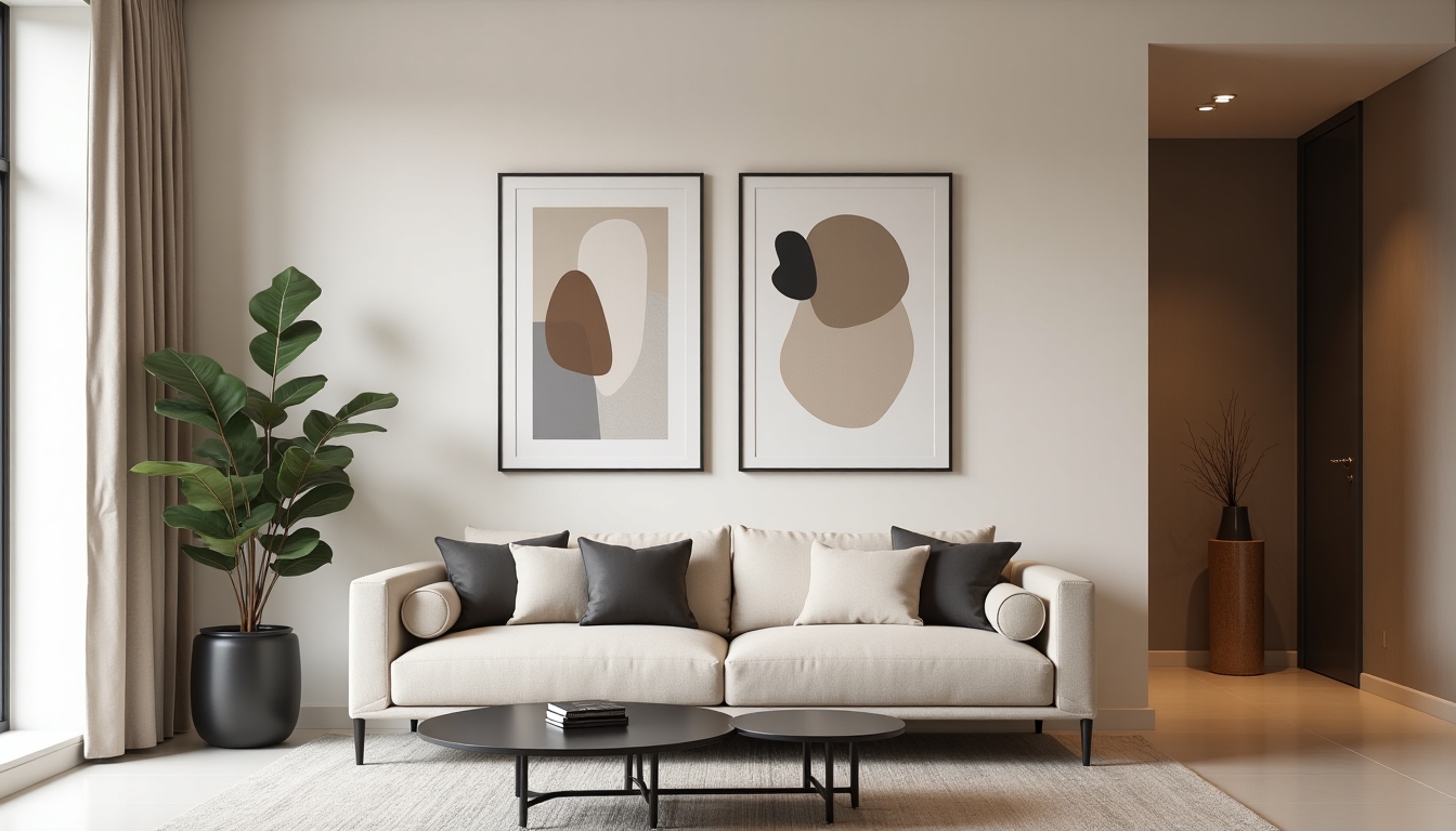 Refined modern interior with framed abstract art prints in a neutral-toned living space