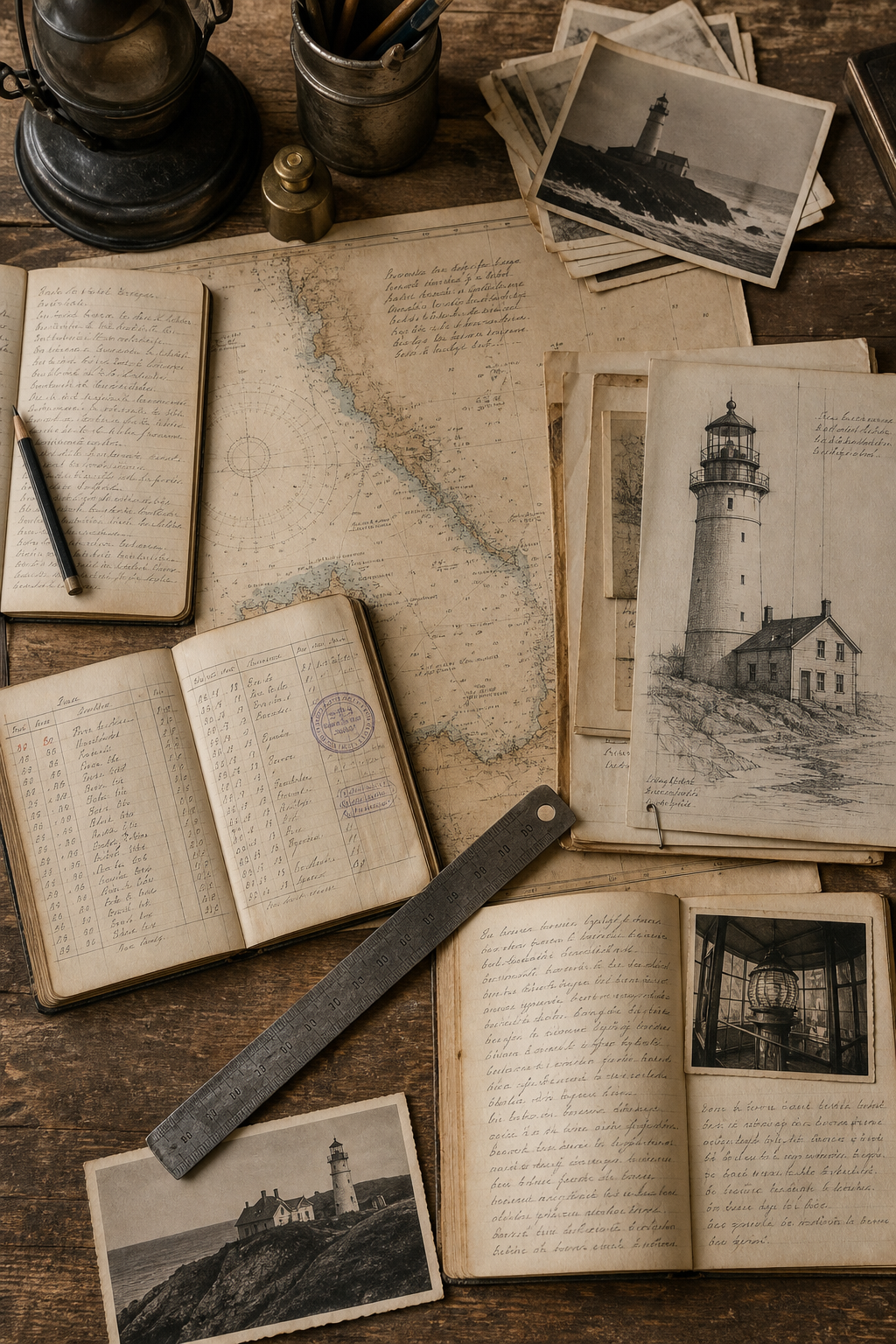 Annotated archival materials and coastal record documents arranged on a wooden desk in warm film style