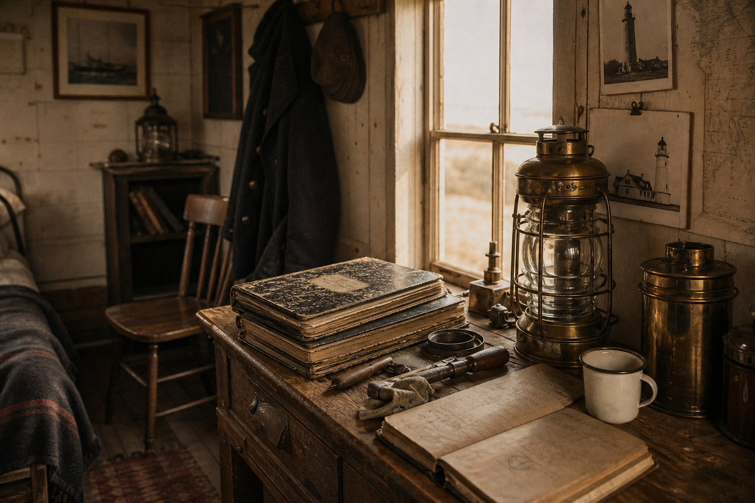 Warm film-style photograph of a lighthouse keeper quarters interior with brass lantern tools, wooden desk, and weathered logbooks by a small window