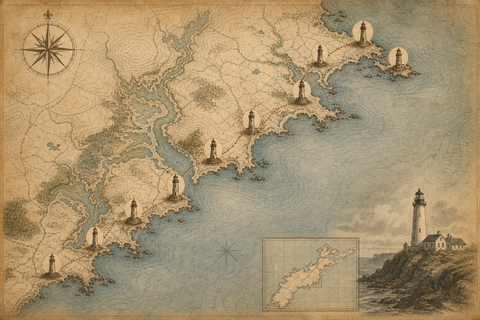 Stylized preservation map of the northern coast with shoreline contours and marked preserved lighthouse towers
