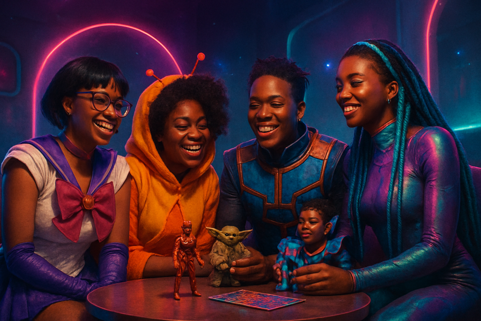 Black queer and femme nerd community sharing cosplay in a neon lounge