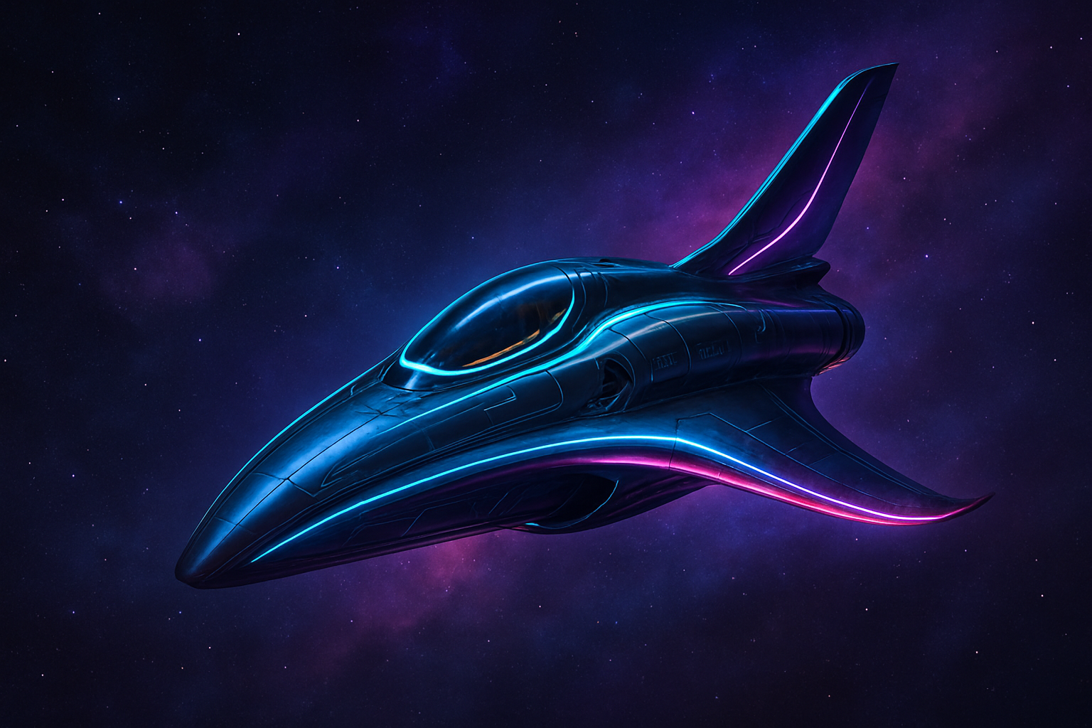 Afrofuturist near-orbit shuttle with sleek metallic body, glowing electric accents, and soft nebula reflections