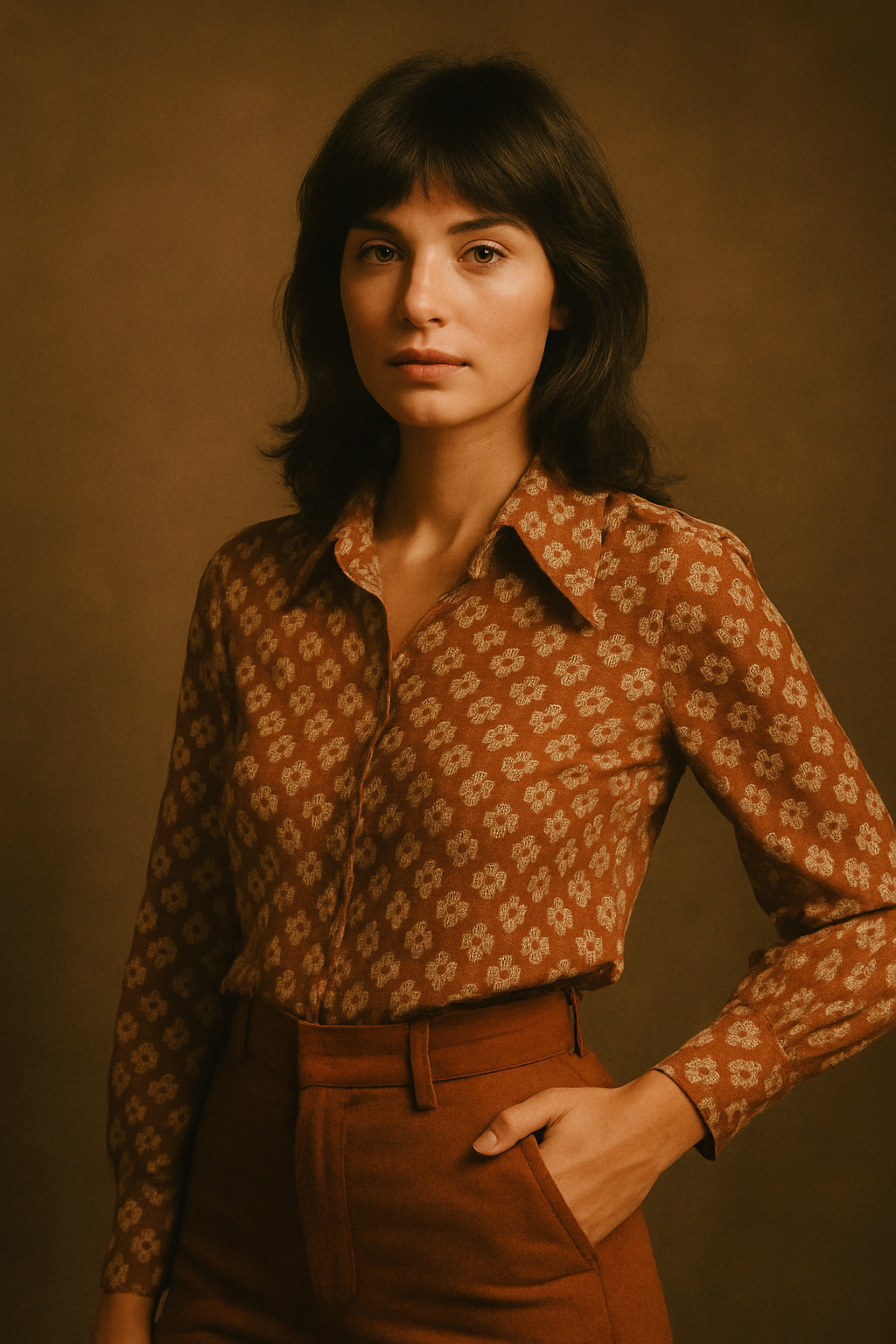 Retro fashion editorial portrait with a model in a 70s-inspired outfit, warm film tones, earthy palette, soft grain texture