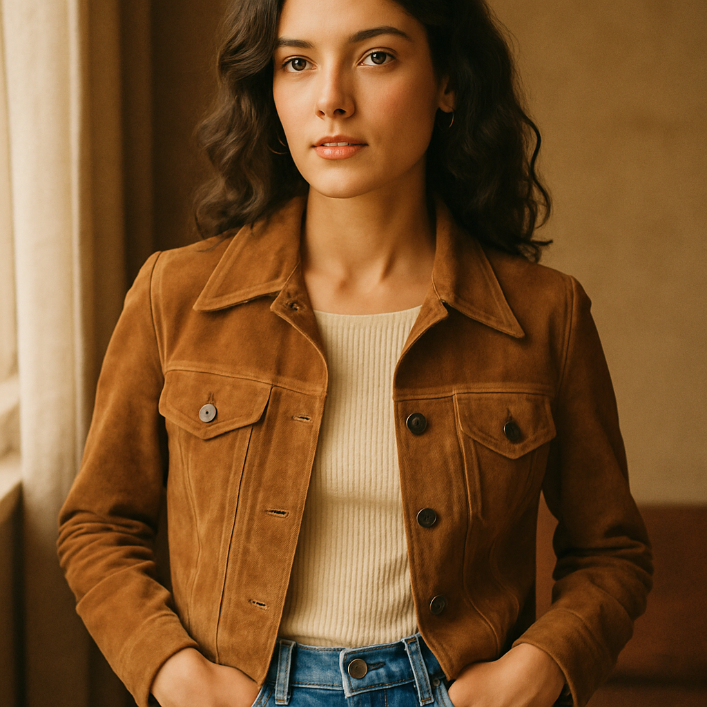 Warm editorial portrait of a stylish model in a 70s suede jacket and high-waisted denim, photographed indoors with soft film lighting