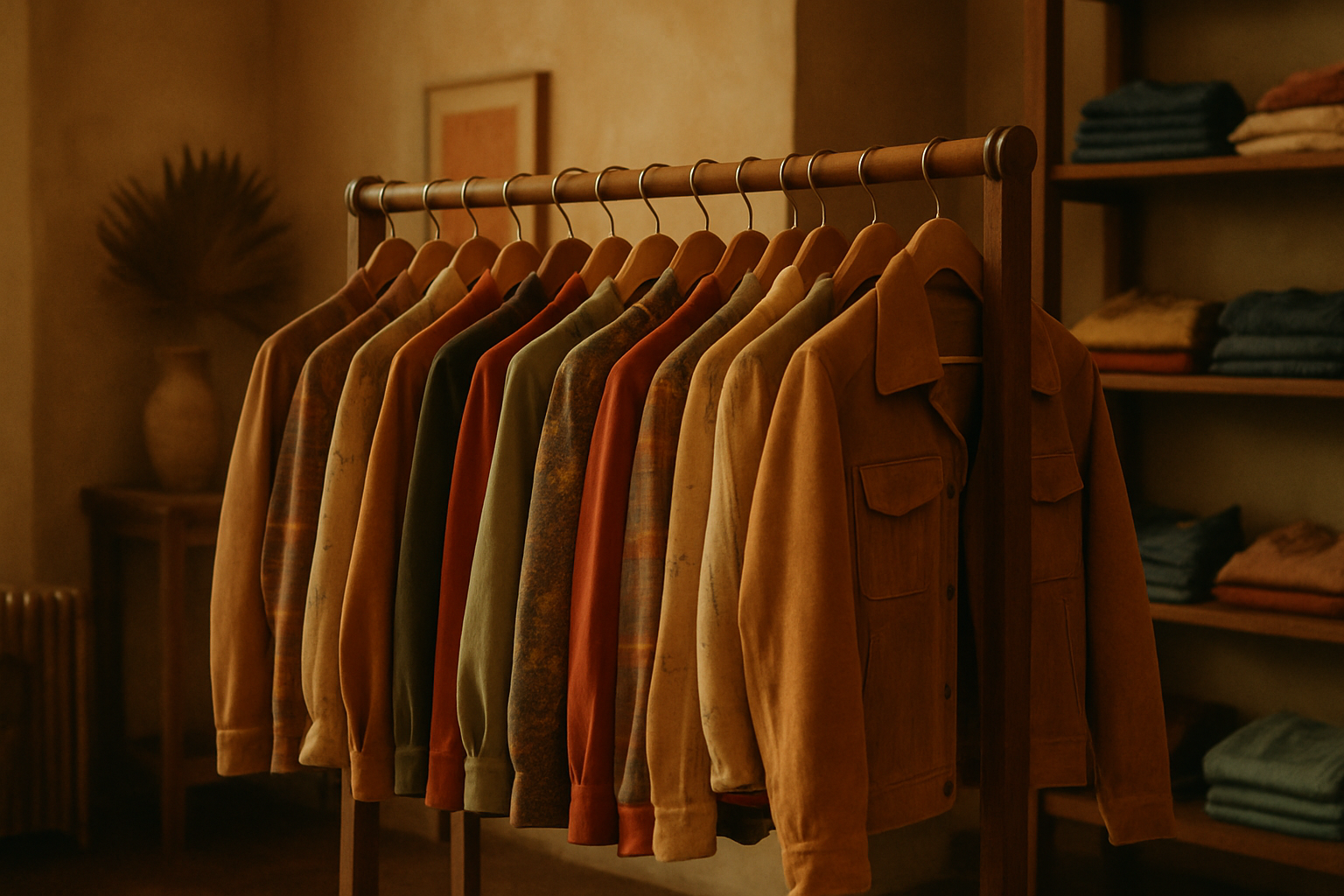 Warm-toned vintage clothing rack with 70s and 80s jackets, blouses, and denim on wooden hangers in a boutique