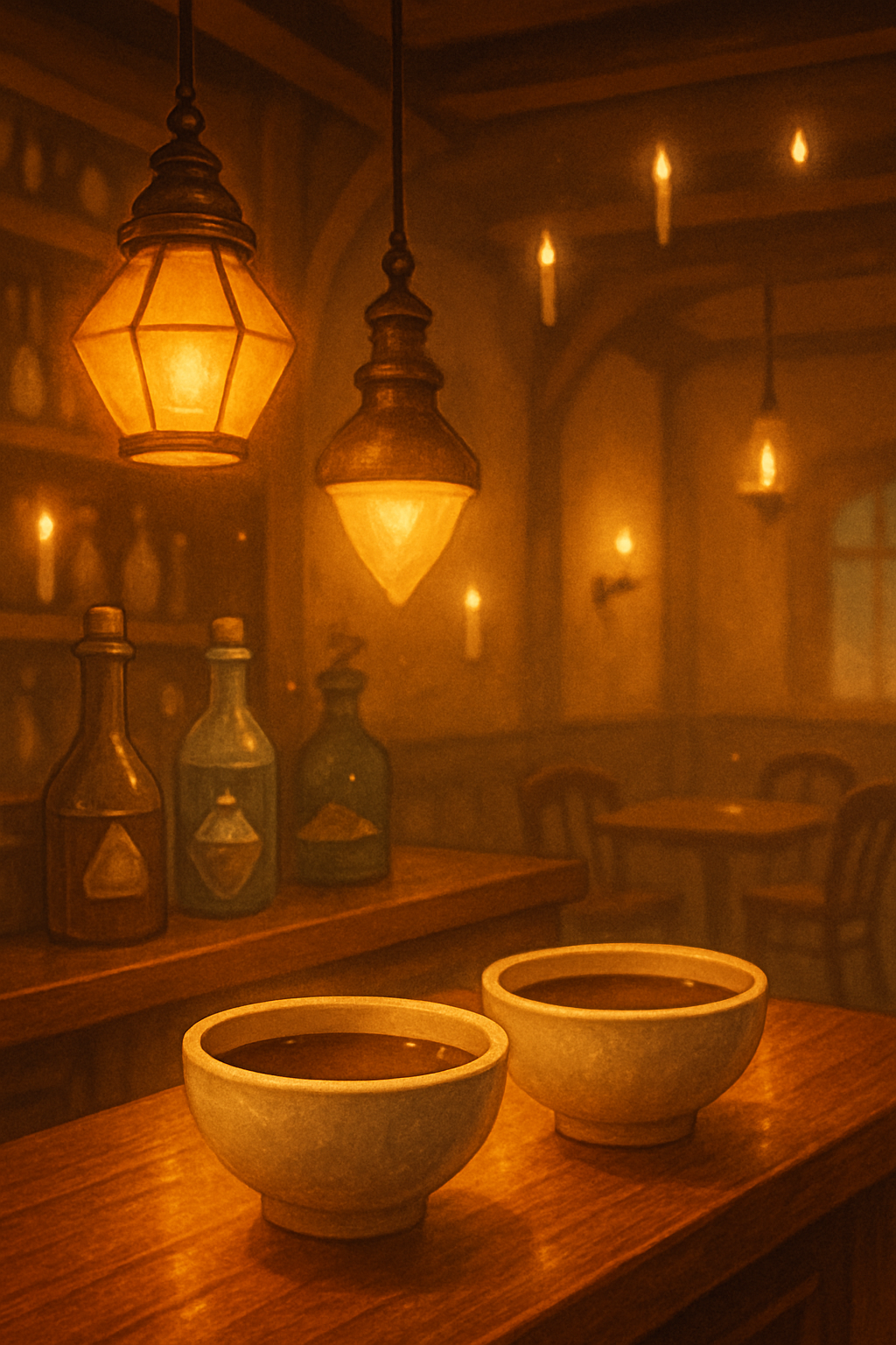 Warm kava bar interior with glowing pendant lights, handcrafted drinks on a wooden counter, and whimsical magical decor