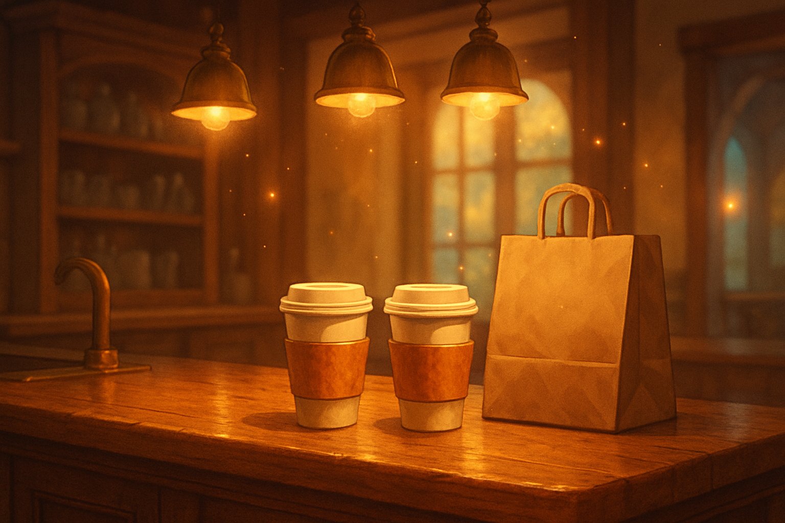 Warm magical kava bar counter with takeaway drinks prepared for pickup and delivery