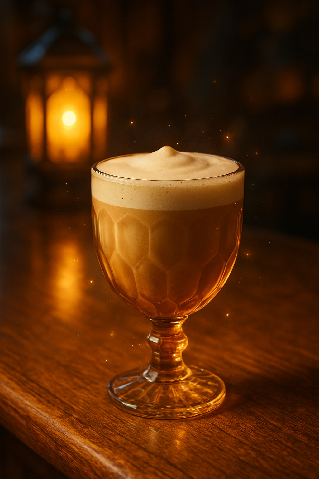 Signature kava drink in a glowing amber glass with frothy top, warm magical bar lighting