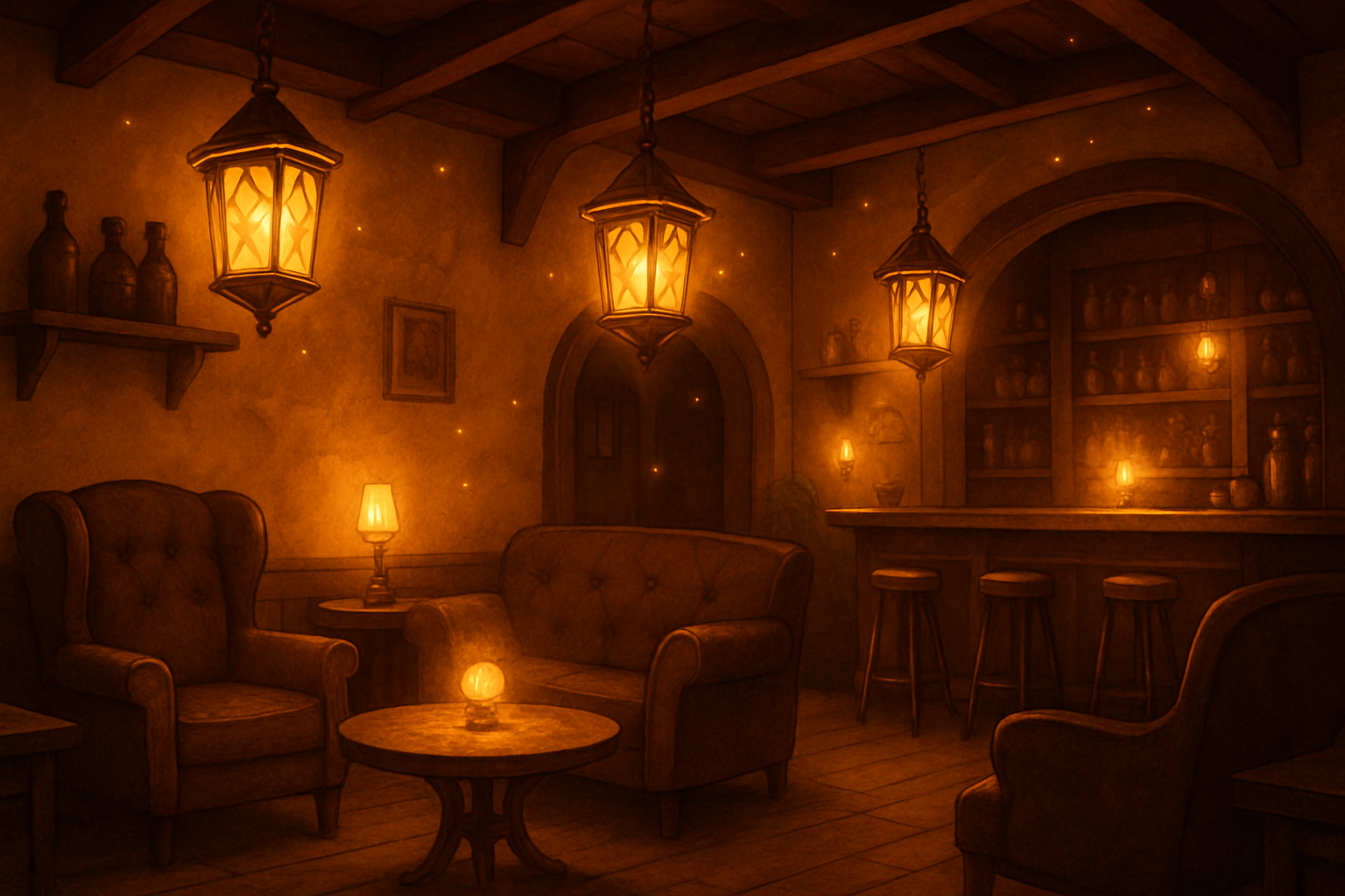 Warm interior of a whimsical kava lounge with cozy seating, lantern glow, and inviting social atmosphere