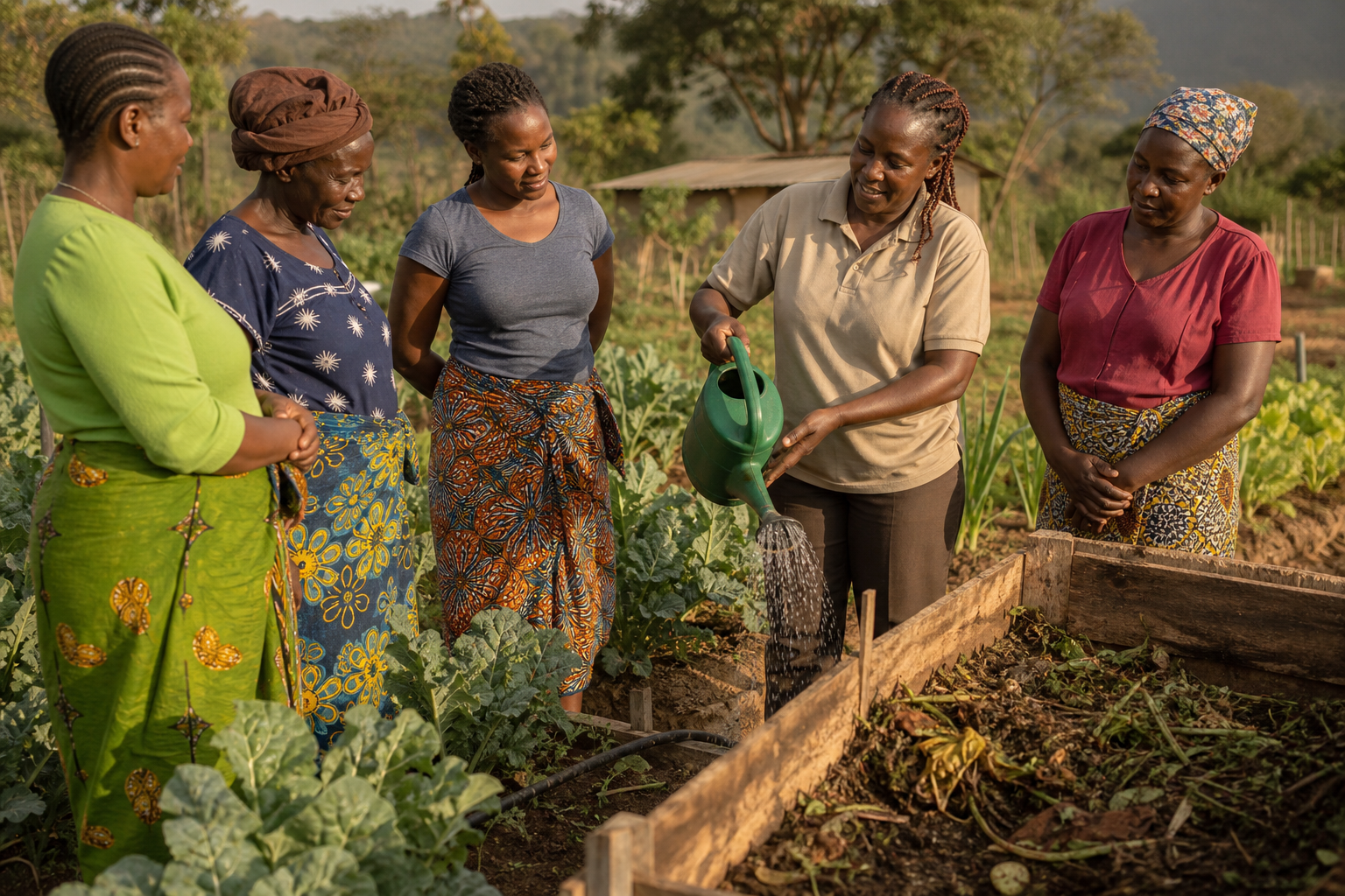 Women farmers in western Kenya learning compost preparation beside raised vegetable beds