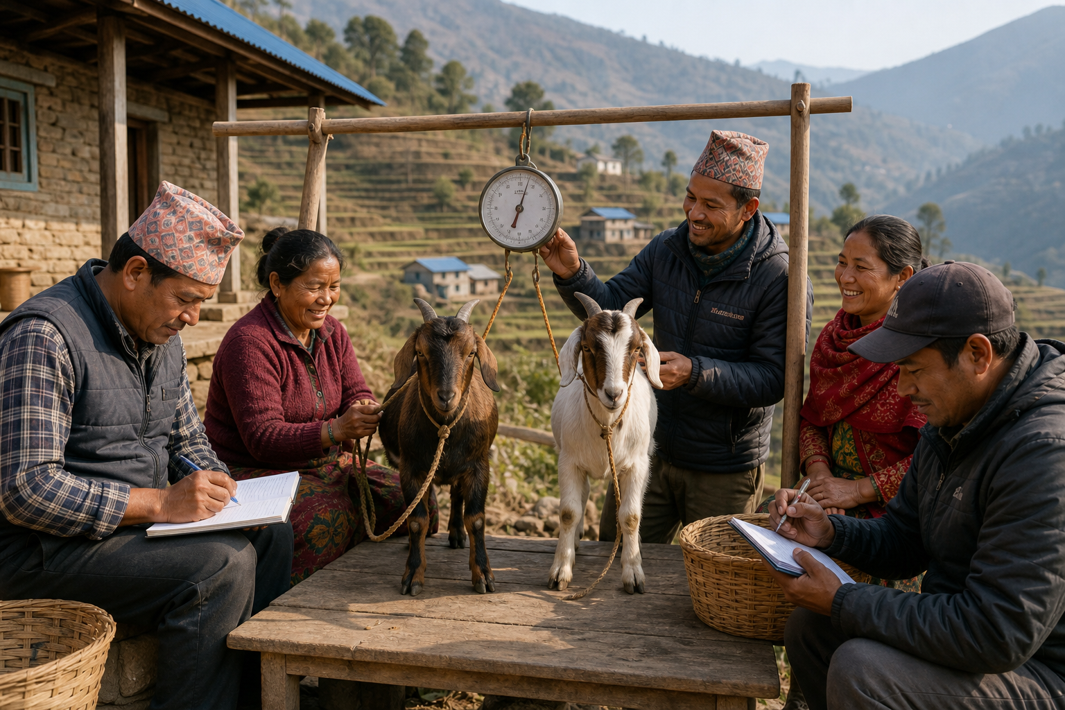 A hillside cooperative in Nepal weighing goats for market while members track sales